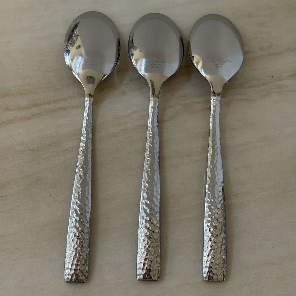 3pc Pier 1 Imports Hammered Soup Spoons 7 3/4” Stainless